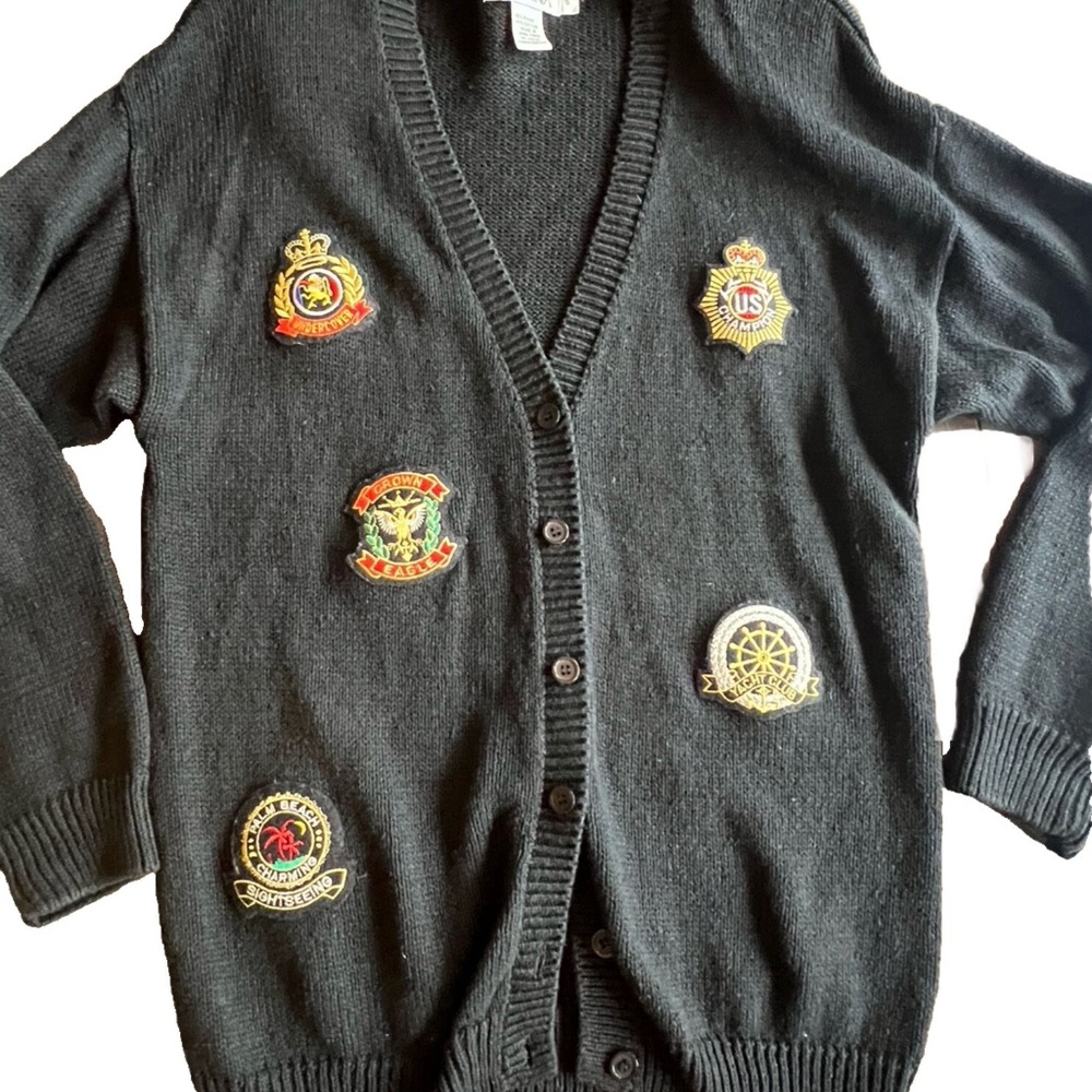 Vintage 90s Patch Sweater Size Small Cardigan Shoulder Pads Academic Ramie